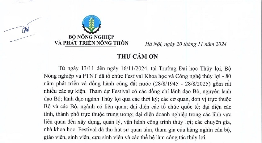 Thư cảm ơn của Lãnh đạo Bộ Nông nghiệp và Phát triển Nông thôn về việc tham gia Festival Khoa học và Công nghệ Thủy lợi - 80 năm phát triển và đồng hành cùng đất nước