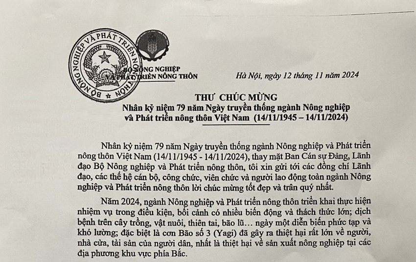 Thư chúc mừng nhân kỷ niệm 79 năm Ngày truyền thống ngành Nông nghiệp và Phát triển Nông thôn Việt Nam (14/11/1945 - 14/11/2024)