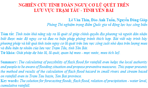 Nghiên cứu tính toán nguy cơ lũ quét trên lưu vực Trạm Tấu - tỉnh Yên Bái