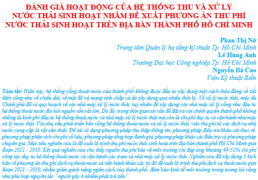 Đánh giá hoạt động của hệ thống thu và xử lý nước thải sinh hoạt nhằm đề xuất phương án thu phí nước thải sinh hoạt trên địa bàn thành phố Hồ Chí Minh