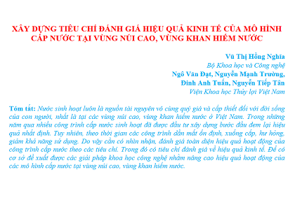 Xây dựng tiêu chí đánh giá hiệu quả kinh tế của mô hình cấp nước tại vùng núi cao, vùng khan hiếm nước