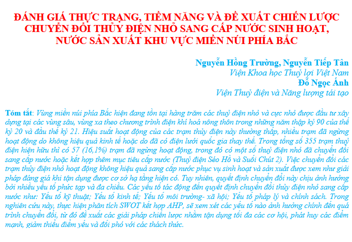 Đánh giá thực trạng, tiềm năng và đề xuất chiến lược chuyển đổi thủy điện nhỏ sang cấp nước sinh hoạt, nước sản xuất khu vực miền núi phía Bắc