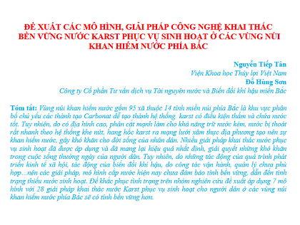 Đề xuất các mô hình, giải pháp công nghệ khai thác bền vững nước Karst phục vụ sinh hoạt ở các vùng núi khan hiếm nước phía Bắc