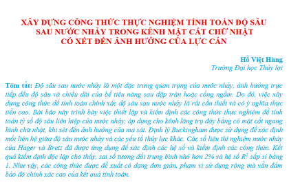 Xây dựng công thức thực nghiệm tính toán độ sâu sau nước nhảy trong kênh mặt cắt chữ nhật có xét đến ảnh hưởng của lực cản