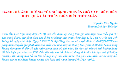 Đánh giá ảnh hưởng của sự dịch chuyển giờ cao điểm đến hiệu quả các thủy điện điều tiết ngày