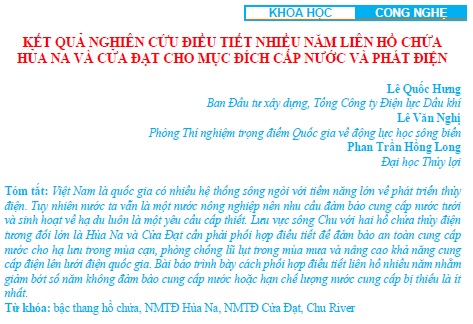 Kết quả nghiên cứu điều tiết nhiều năm liên hồ chứa Hủa Na và Cửa Đạt cho mục đích cấp nước và phát điện