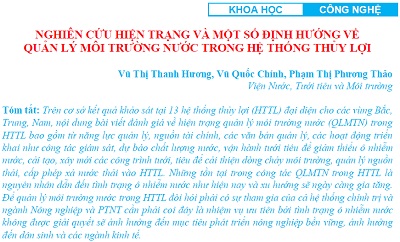 Nghiên cứu hiện trạng và một số định hướng về quản lý môi trường nước trong hệ thống thủy lợi