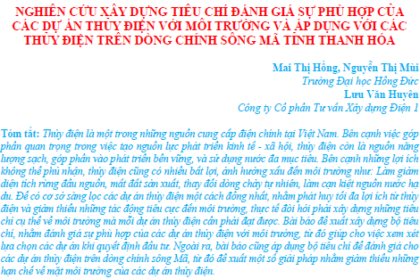 Nghiên cứu xây dựng tiêu chí đánh giá sự phù hợp của các dự án thủy điện với môi trường và áp dụng với các thủy điện trên dòng chính sông Mã tỉnh Thanh Hóa