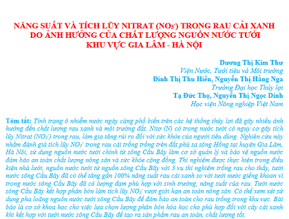 Năng suất và tích lũy nitrat (NO3-) trong rau cải xanh do ảnh hưởng của chất lượng nguồn nước tưới khu vực Gia Lâm - Hà Nội