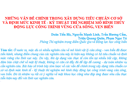 Những vấn đề chính trong xây dựng tiêu chuẩn cơ sở và định mức kinh tế - kỹ thuật thí nghiệm mô hình thủy động lực công trình vùng cửa sông, ven biển