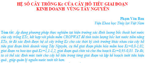 Hệ số cây trồng Kc của cây hồ tiêu giai đoạn kinh doanh vùng Tây Nguyên