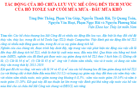 Tác động của hồ chứa lưu vực Mê Công đến tích nước của hồ Tonle Sap cuối mùa mưa - đầu mùa khô