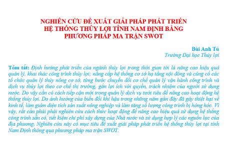 Nghiên cứu đề xuất giải pháp phát triển hệ thống thủy lợi tỉnh Nam Định bằng phương pháp ma trận SWOT